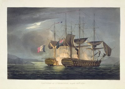 الاستيلاء على L&39;Hercule ، 20 أبريل 1797 ، نقشها توماس ساذرلاند لـ "الإنجازات البحرية" لـ Jenkins ، 1816 (نقش الألوان) بواسطة توماس ويتكومب